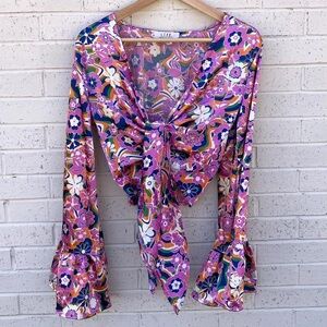Boho Floral Multi color
Cropped Tie Front Long Sleeve Blouse w/ flouncy sleeves